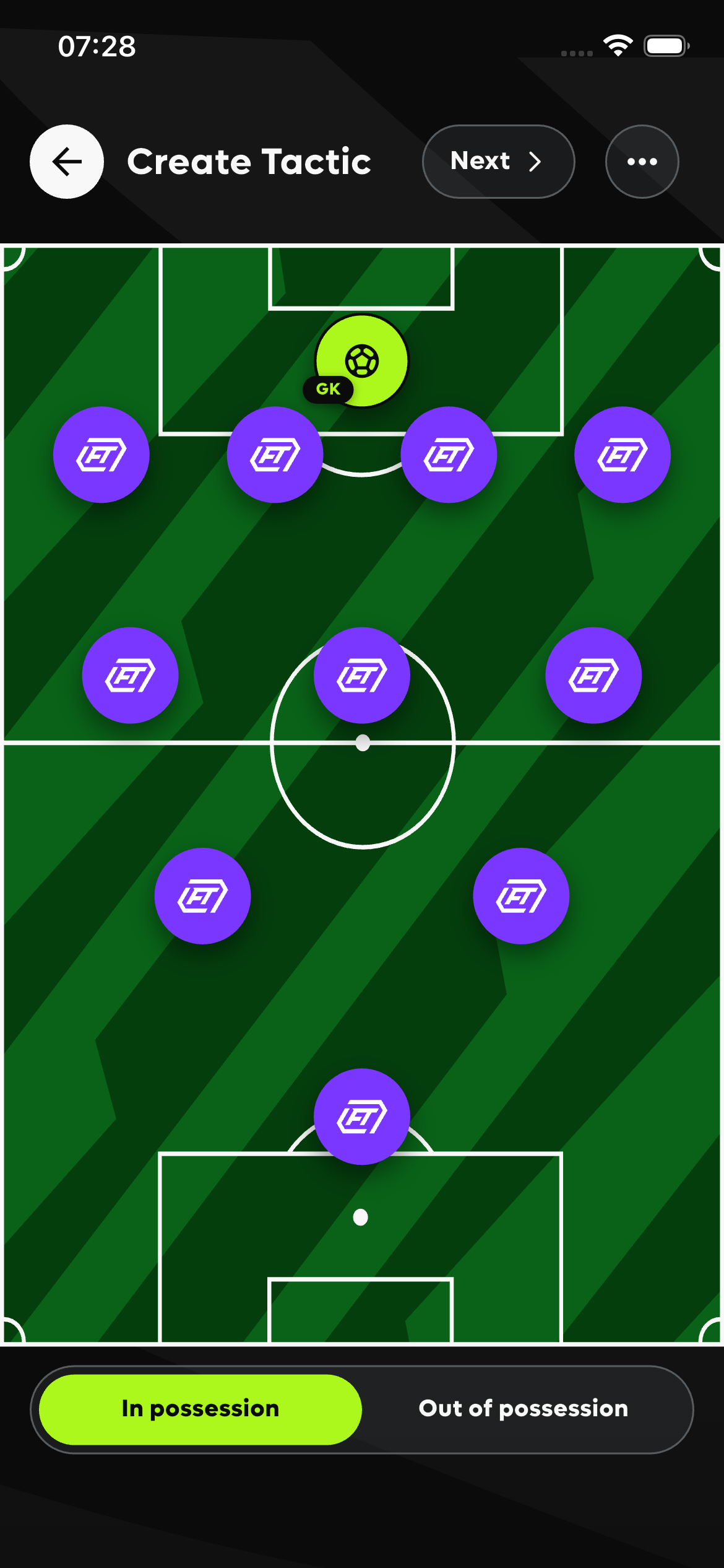 FT mobile app showing the formation and tactics builder