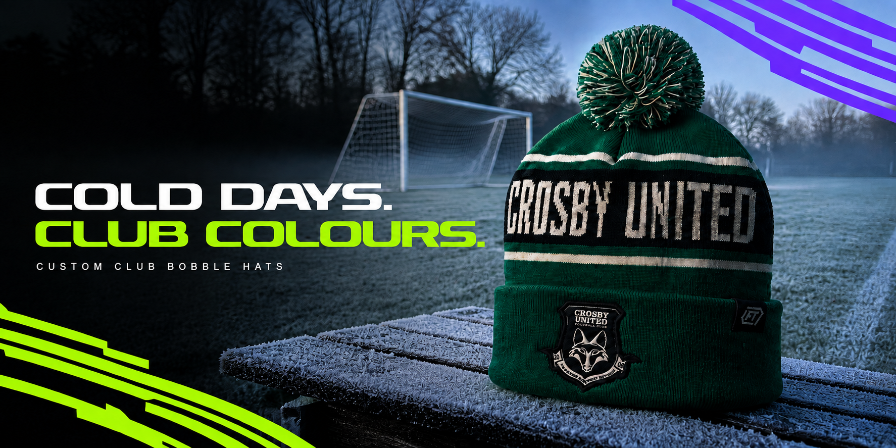 Green Crosby United bobble hat on a frosted touchline bench beside a misty football pitch beneath the words Cold Days, Club Colours