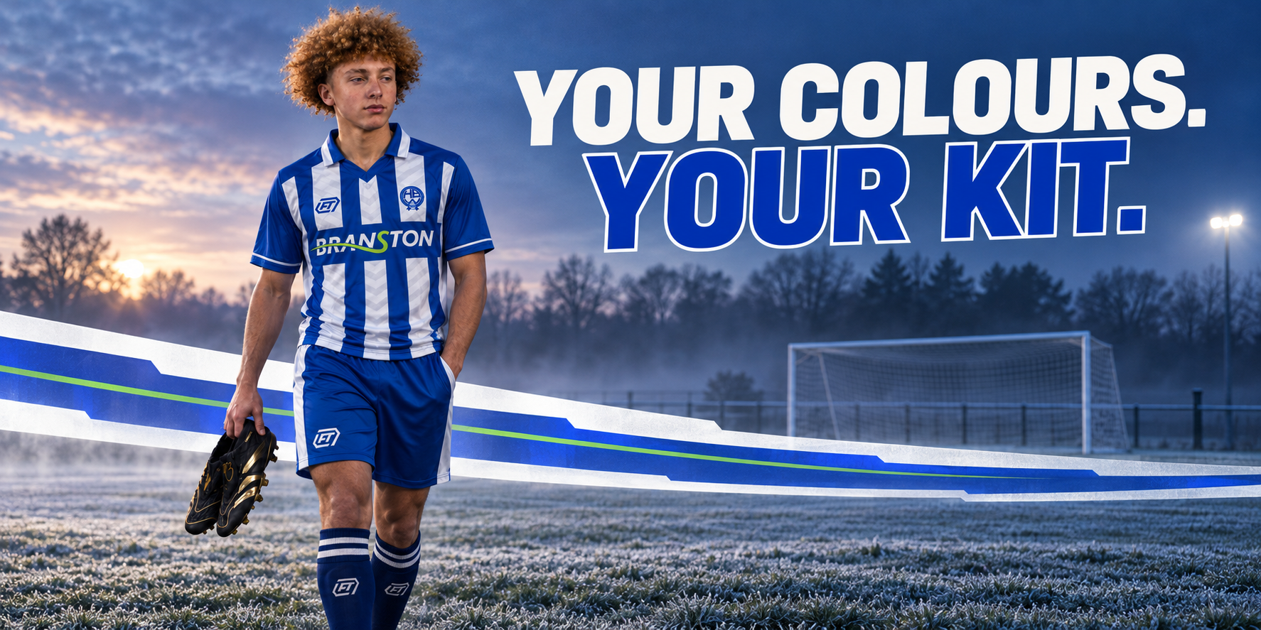 Branston player walking across a frosty pitch in a blue and white custom FTACT kit beneath the words Your Colours, Your Kit