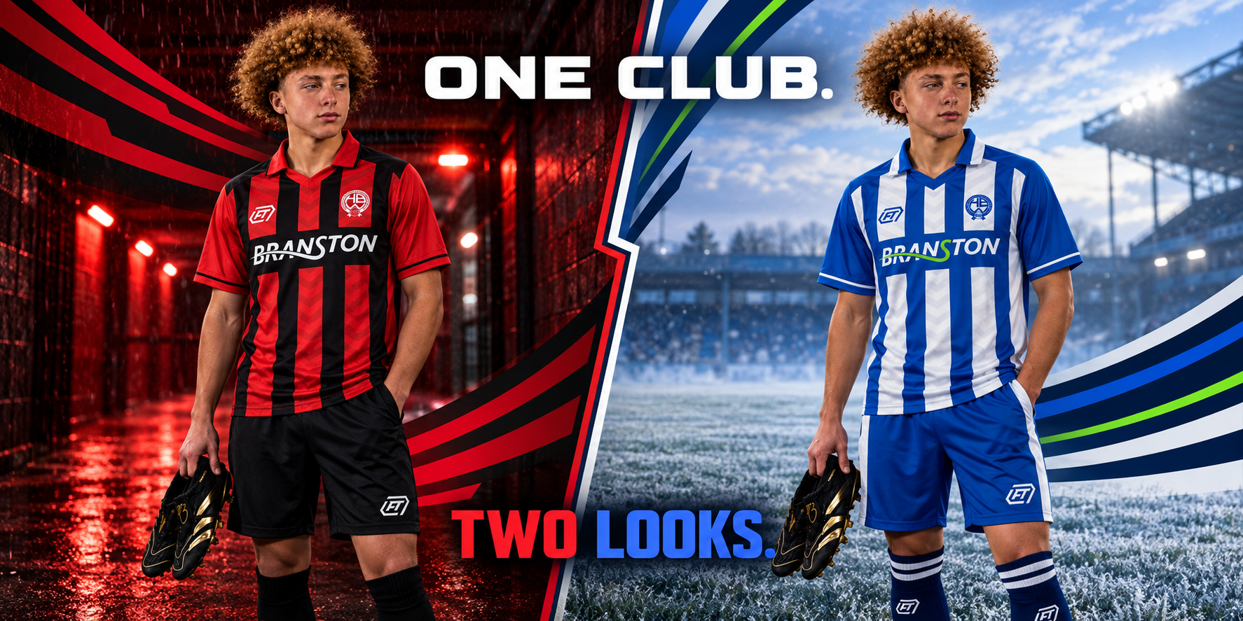 The same Branston player shown in coordinated red and blue custom FTACT kits beneath the words One Club, Two Looks