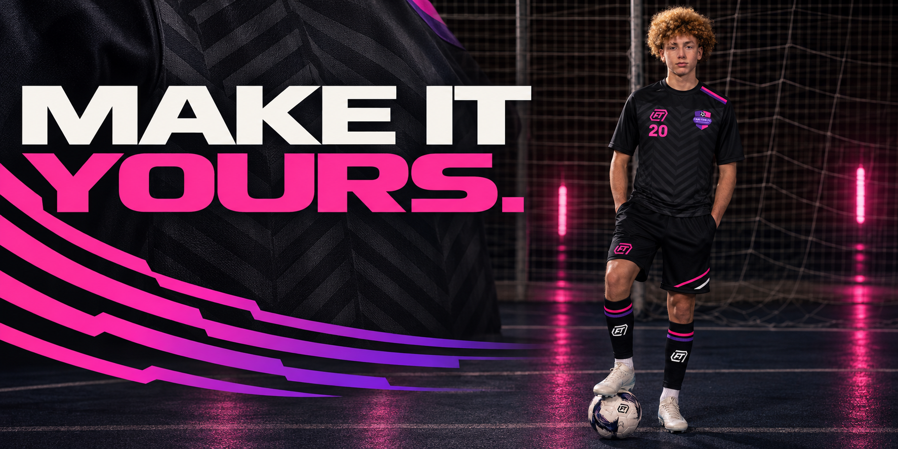 Carlton FC player in a black and pink custom FTACT kit beneath the words Make It Yours