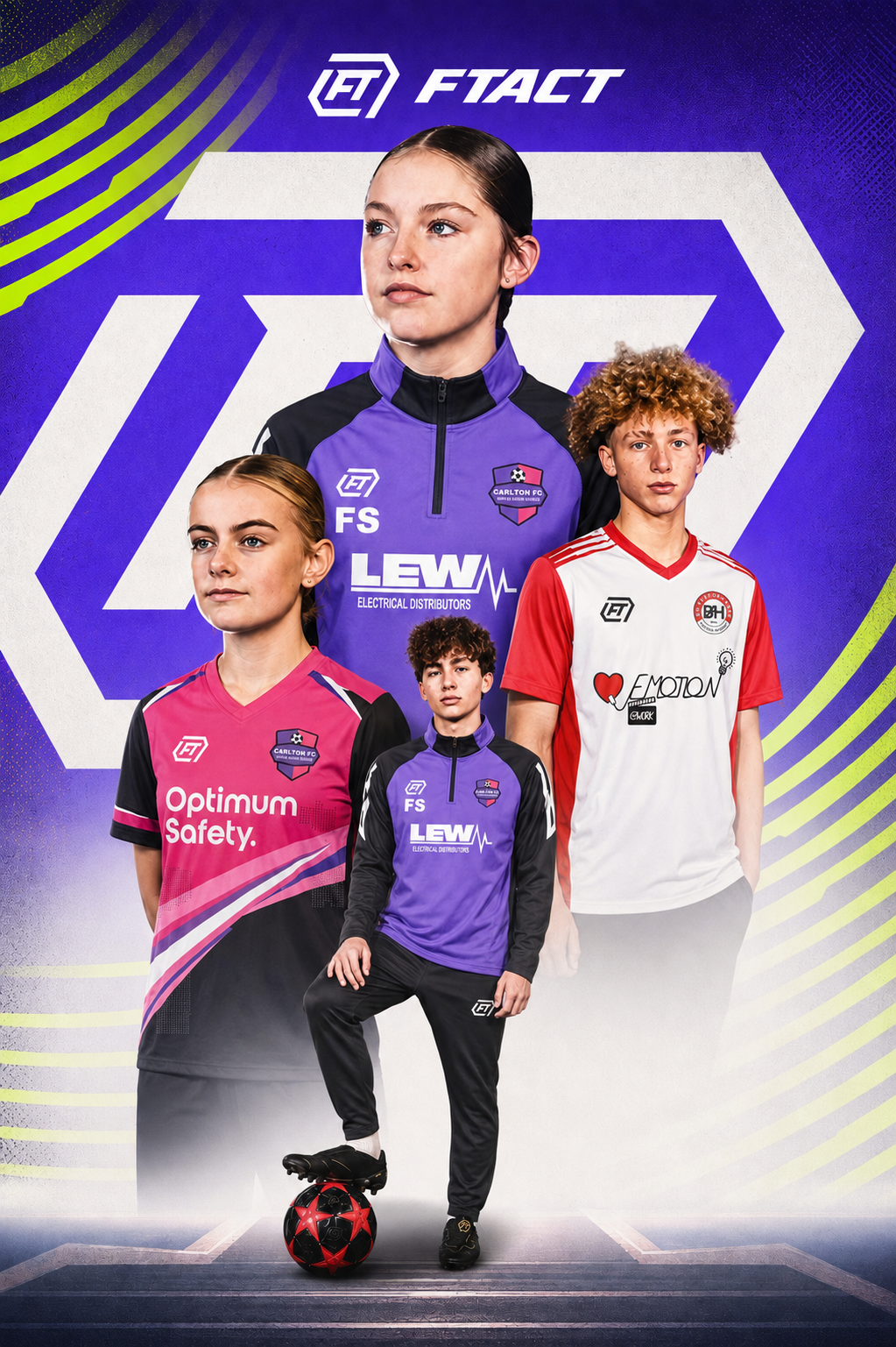 FT group campaign featuring purple training wear, pink and red match shirts