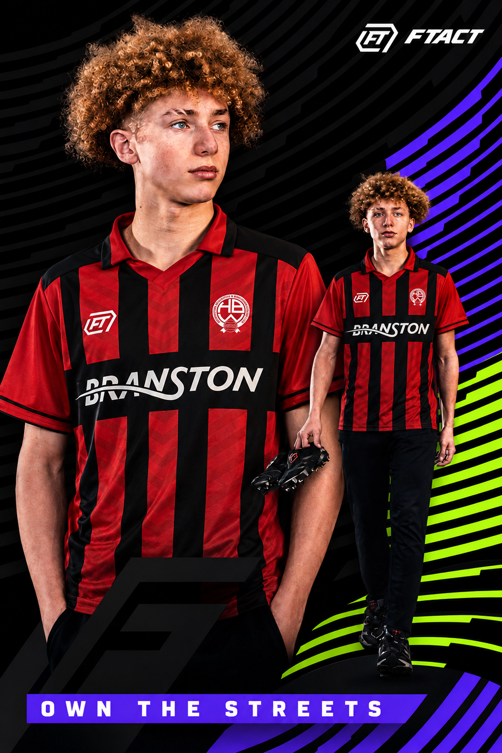 FT campaign with a model in red and black Branston teamwear