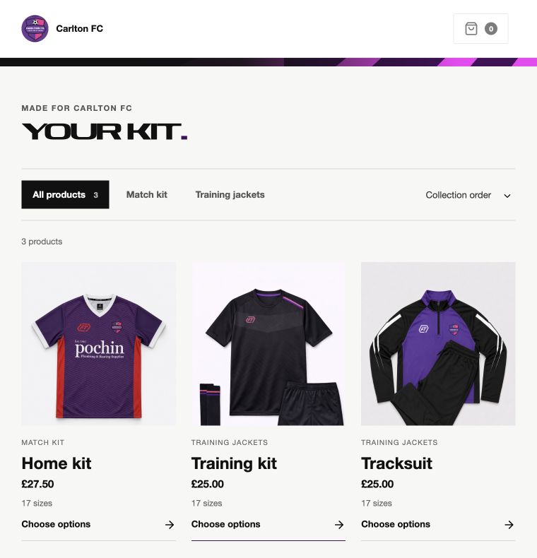 Carlton FC’s actual shop, showing its club crest and complete home kit, training kit and tracksuit cards